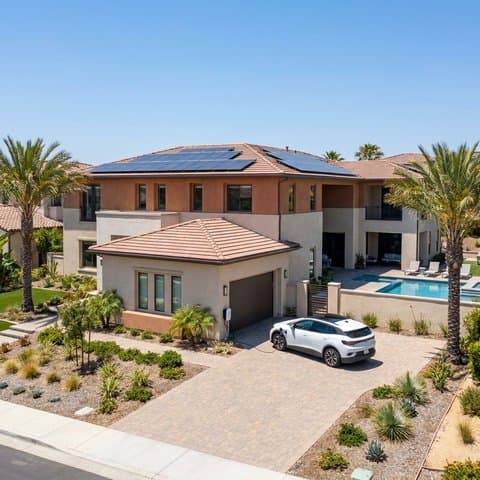 Large two-story home with rooftop solar, a pool and an electric car in the driveway